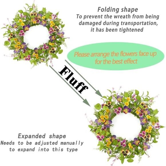 Artificial 20" Spring Summer Wreath with Pansy Flower,Yellow Daisy,Rose Leaf - Picture 7 of 8